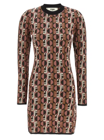 Fendi Optical Crew Neck Geometric Pattern Dress In Brown