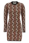 Fendi Shiny Jacquard Viscose Mini Dress With Geometric Pattern In Brown