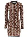 Fendi Shiny Jacquard Viscose Mini Dress With Geometric Pattern In Brown