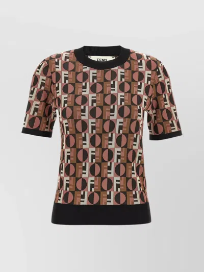 FENDI OPTICAL GEOMETRIC CREW NECK SHORT SLEEVE SWEATER
