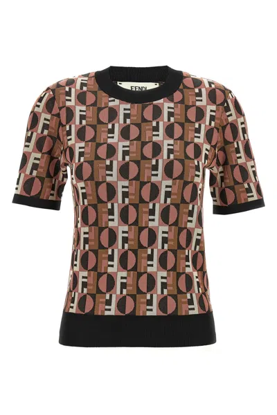 Fendi Optical Geometric Crew Neck Short Sleeve Sweater In Brown