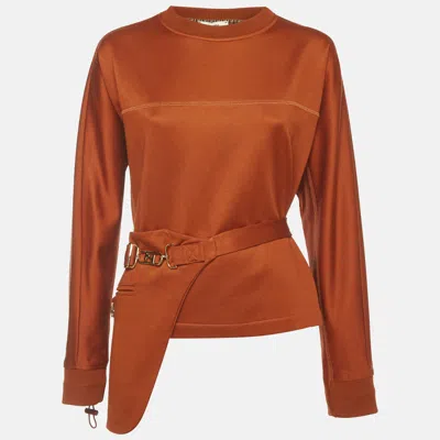 Pre-owned Fendi Orange Knit Waist Detail Crewneck Sweatshirt S