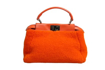 Pre-owned Fendi Orange Leather And Shearling Mini Peekaboo Top Handle Women's Bag ()