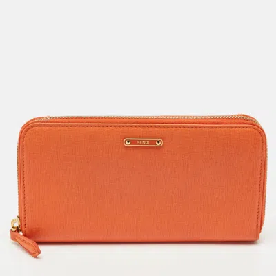 Pre-owned Fendi Orange Leather Zip Continental Wallet