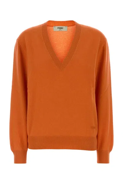 Fendi Stretch Cashmere V Neck Sweater Long Sleeves In Orange