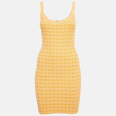 Pre-owned Fendi Orange Zucca Knit Mini Bodycon Dress S