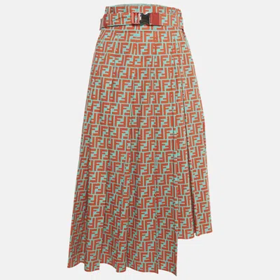 Pre-owned Fendi Orange/blue Ff Print Cotton Pleated Midi Skirt Xs