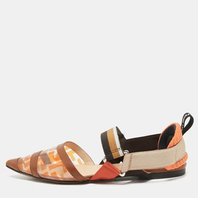 Pre-owned Fendi Orange/brown Zucca Pvc And Leather Colibri Slingback Flat Sandals Size 38 In Multi