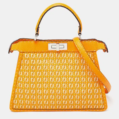 Pre-owned Fendi Orange/white Interlace Leather Medium Peekaboo Iseeu Top Handle Bag