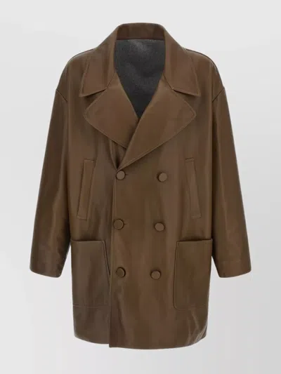 FENDI OVERSIZED LEATHER COAT DOUBLE-BREASTED FRONT