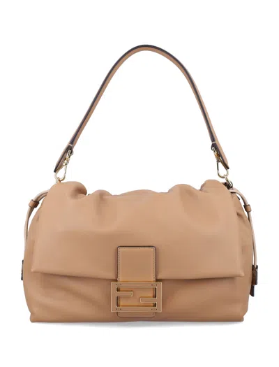 Fendi Oversized Mamma Baguette Logo Plaque Shoulder Bag With Gathered Design In Brown