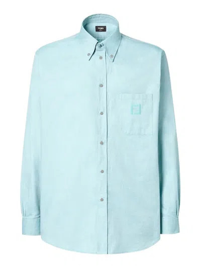 Fendi Oxford Cotton Shirt With Ff Embroidery Clothing In Blue
