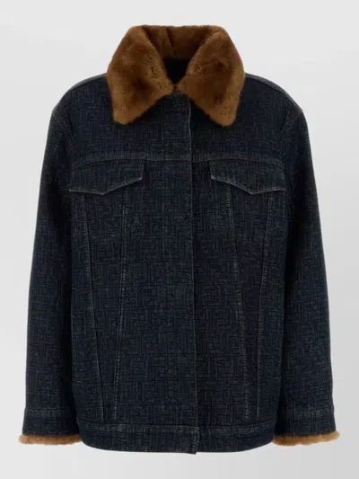 Fendi Padded Denim Jacket Long Sleeves Faux Fur In Blue