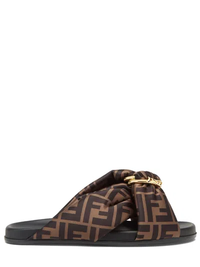 Fendi Padded Double-band Sandals With Decorative D-ring Buckle In Brown