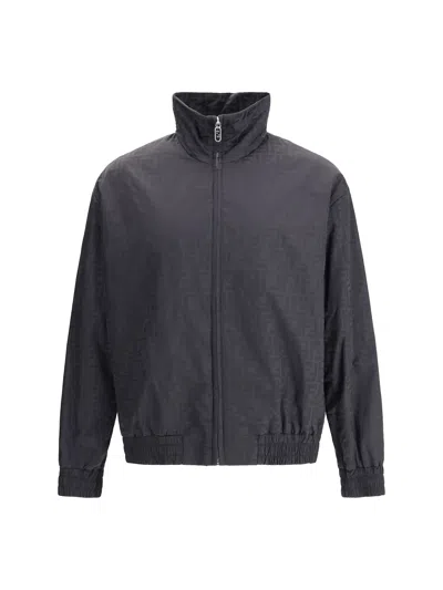 Fendi Men Black Jacket With High Neck And All-over Ff Motif In Tech Fabric Man