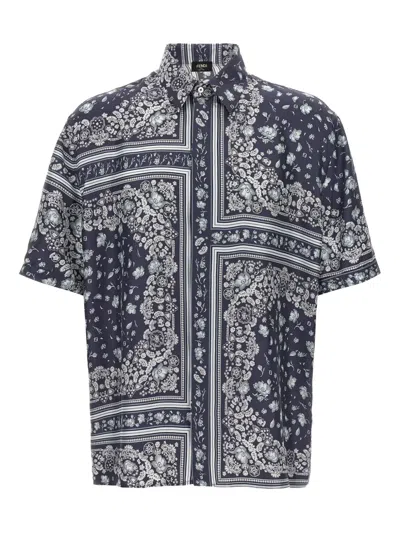 Fendi Men Blue Shirt With All-over Bandana Print In Silk Man