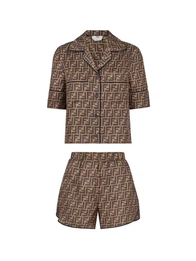 Fendi Silk Pajamas With Ff Motif In Brown