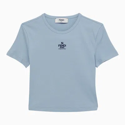 Fendi Pale Crewneck T-shirt With Logo In Blue