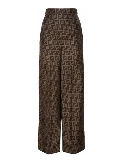 Fendi Ff Silk Twill Wide Leg Pants In Brown