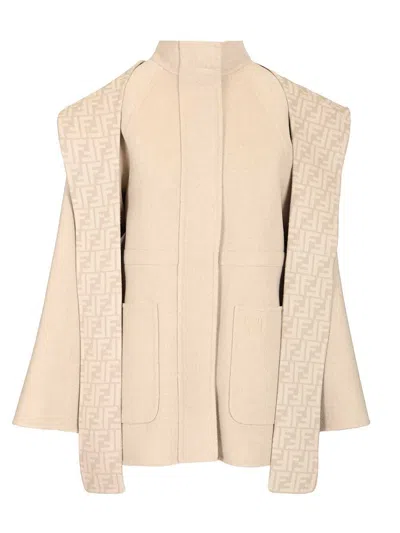 Fendi Parka Double Wool Ff With Detachable Hoodie Scarf Coats Beige In Brown