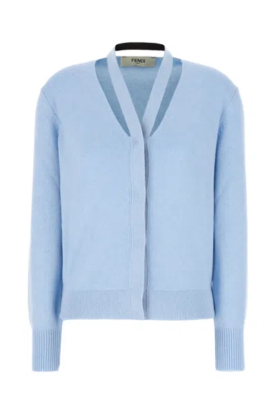 Fendi Melange Pastel Light-blue Stretch Wool Blend Cardigan