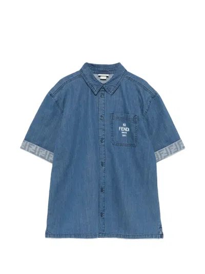 Fendi Kids' Patch-pocket Logo Shirt In Blue
