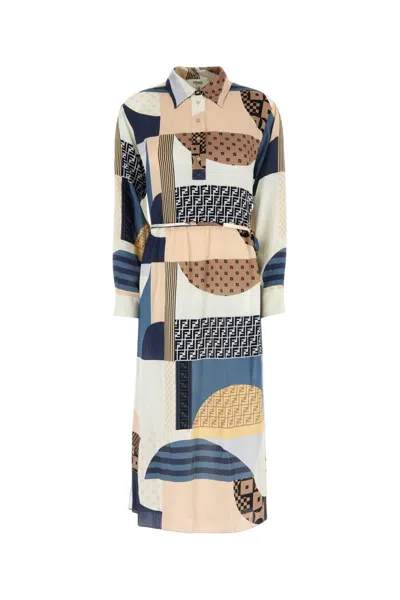Fendi Patchwork Print Silk Midi Shirt Dress In Multi