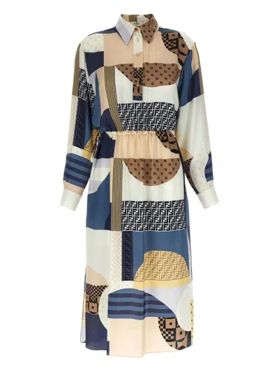 Fendi Patchwork Print Silk Midi Shirt Dress Clothing In Multi