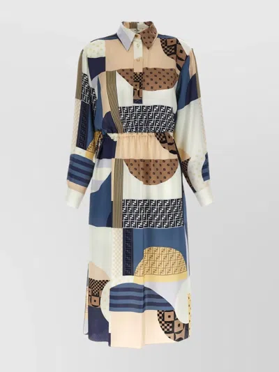 FENDI PATCHWORK SILK BUTTON-DOWN COLLAR DRESS