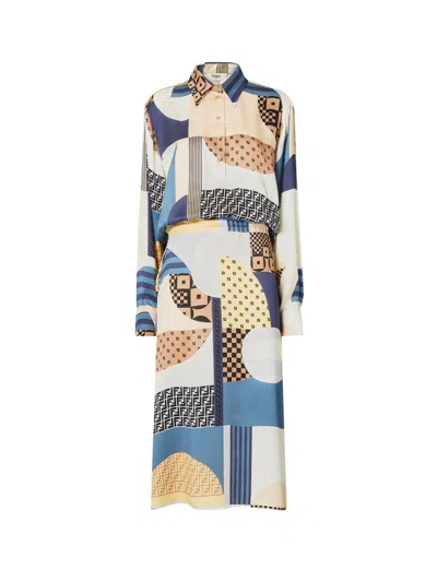 Fendi Patchwork Silk Dress In Blue