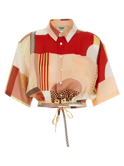 Fendi Patchwork Print Cropped Silk Shirt In Multi