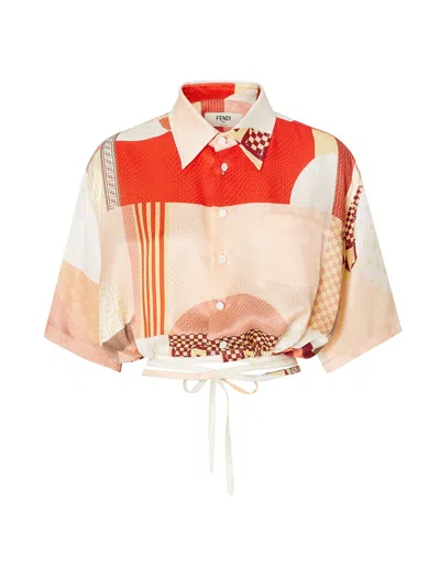 Fendi Patchwork Print Cropped Silk Shirt In Multi