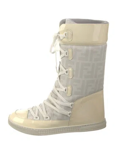 Pre-owned Fendi Patent Leather Colorblock Pattern Lace-up Boots In Neutral