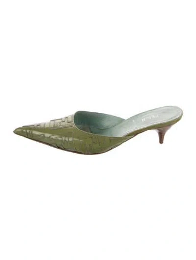Pre-owned Fendi Patent Leather Graphic Print Mules In Green