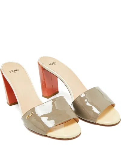 Pre-owned Fendi Patent Leather Slides In Gray