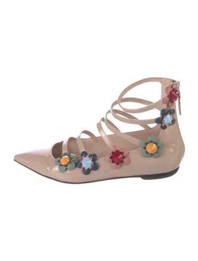 Pre-owned Fendi Patent Leather Studded Accents Ballet Flats In Neutral