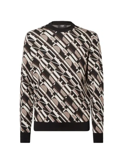 Fendi Geometric Pattern Crew Neck Long Sleeve Sweater In Brown