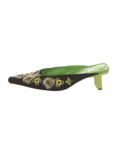 Pre-owned Fendi Patterned Embroidered Accent Mules In Green