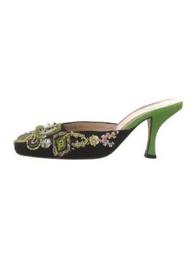 Pre-owned Fendi Patterned Embroidered Accent Mules In Green