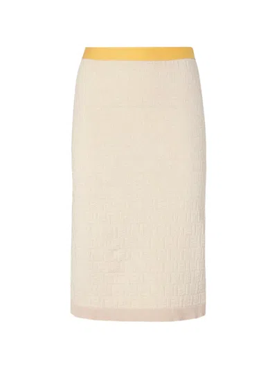 Fendi Midi Skirt With Color Block Inserts In Cotton And Silk In Neutral