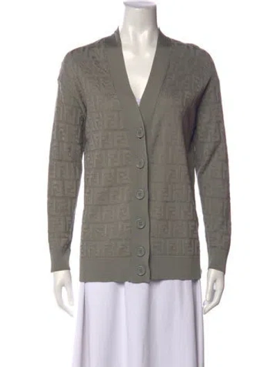 Pre-owned Fendi Patterned V-neck Sweater In Green