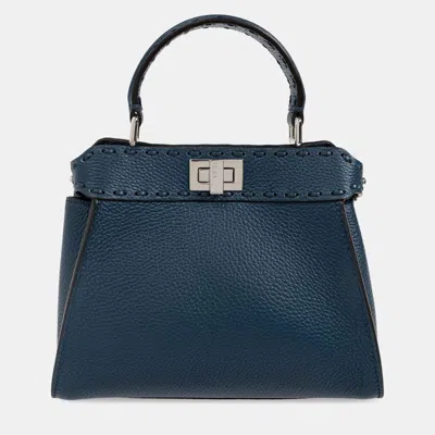 Pre-owned Fendi Pavone Palladio Peekaboo Mini Tote Bag In Blue