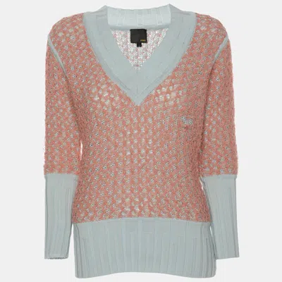 Pre-owned Fendi Peach/light Blue Cotton Knit Blend Sweater S In Pink
