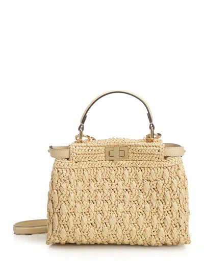 Fendi Peakaboo Mini Raffia Handbags Beige
