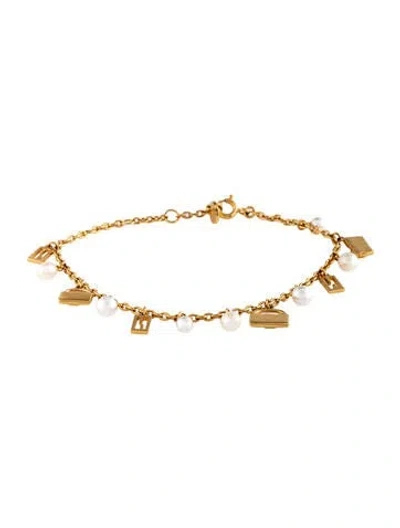 Pre-owned Fendi Pearl & Faux Pearl Baguette Charm Bracelet, 8" In White