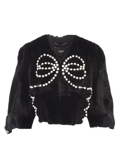 Fendi Pearl Embellished Fur Jacket In Black