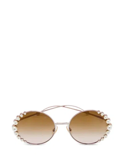 Pre-owned Fendi Pearl-embellished Round Sunglasses In Gold