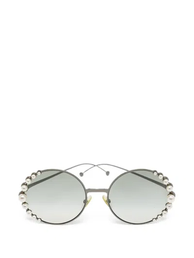 Pre-owned Fendi Pearl-embellished Round-frame Sunglasses In Gray