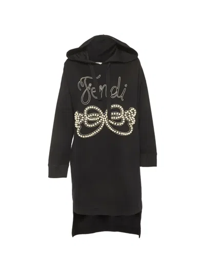 Pre-owned Fendi Pearl-embroidered Hooded Mini Dress In Black