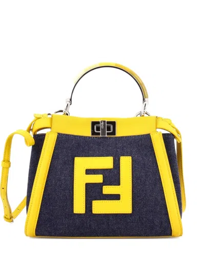 Pre-owned Fendi Peekaboo Bag Denim With Ff Leather Applique Mini Satchel In Blue